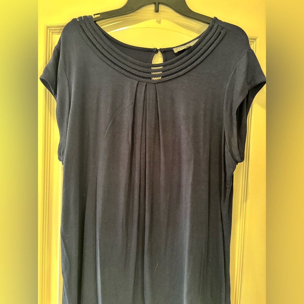 Daniel Rainn Navy Short Sleeve Knit Top with Ladder Trim Detail